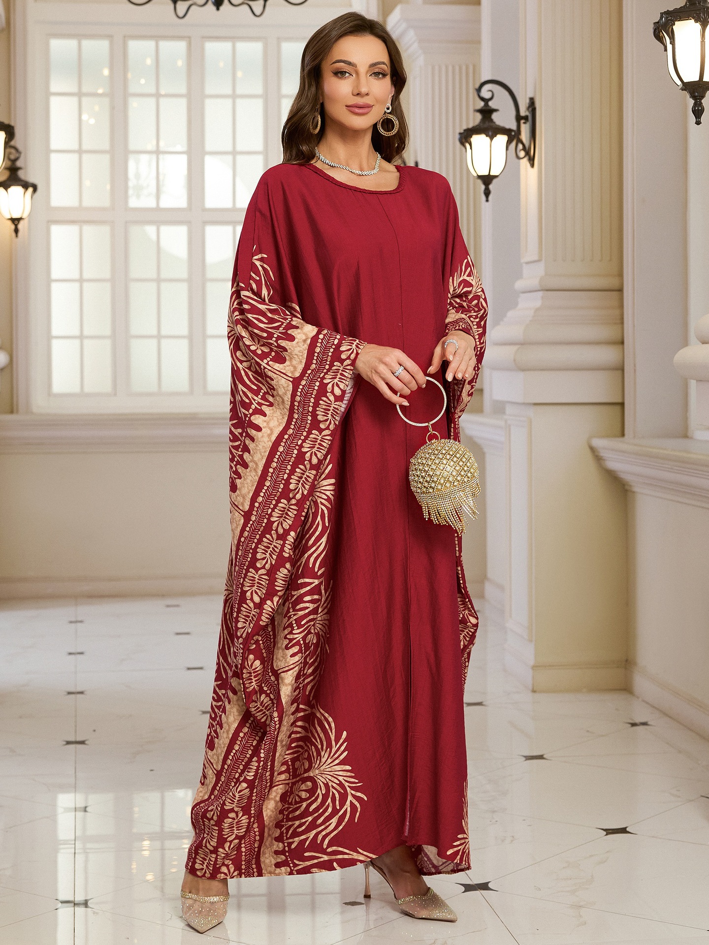 Geometric Pattern Kaftan Maxi Dress with Long Batwing Sleeves for Beach Cover Up